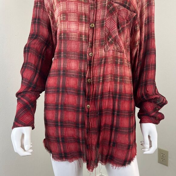 Free People Womens Size XS Red Festival Plaid Distressed Button Up High Low Top - Picture 5 of 14